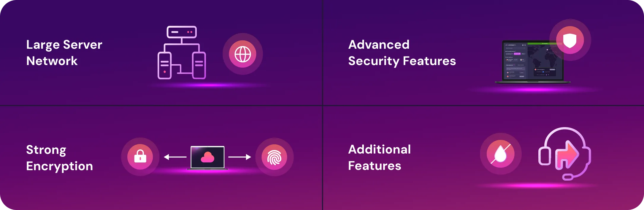 Image illustrating the benefits of paid VPNs, including large server networks, advanced security features, strong encryption, and additional features